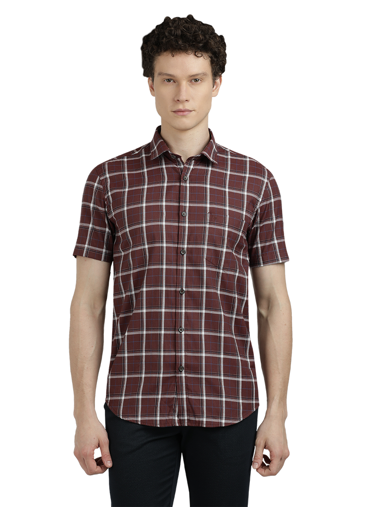 Model wearing Clarke Gable's Maroon With White Checked Semi Casual Shirt in a casual setting