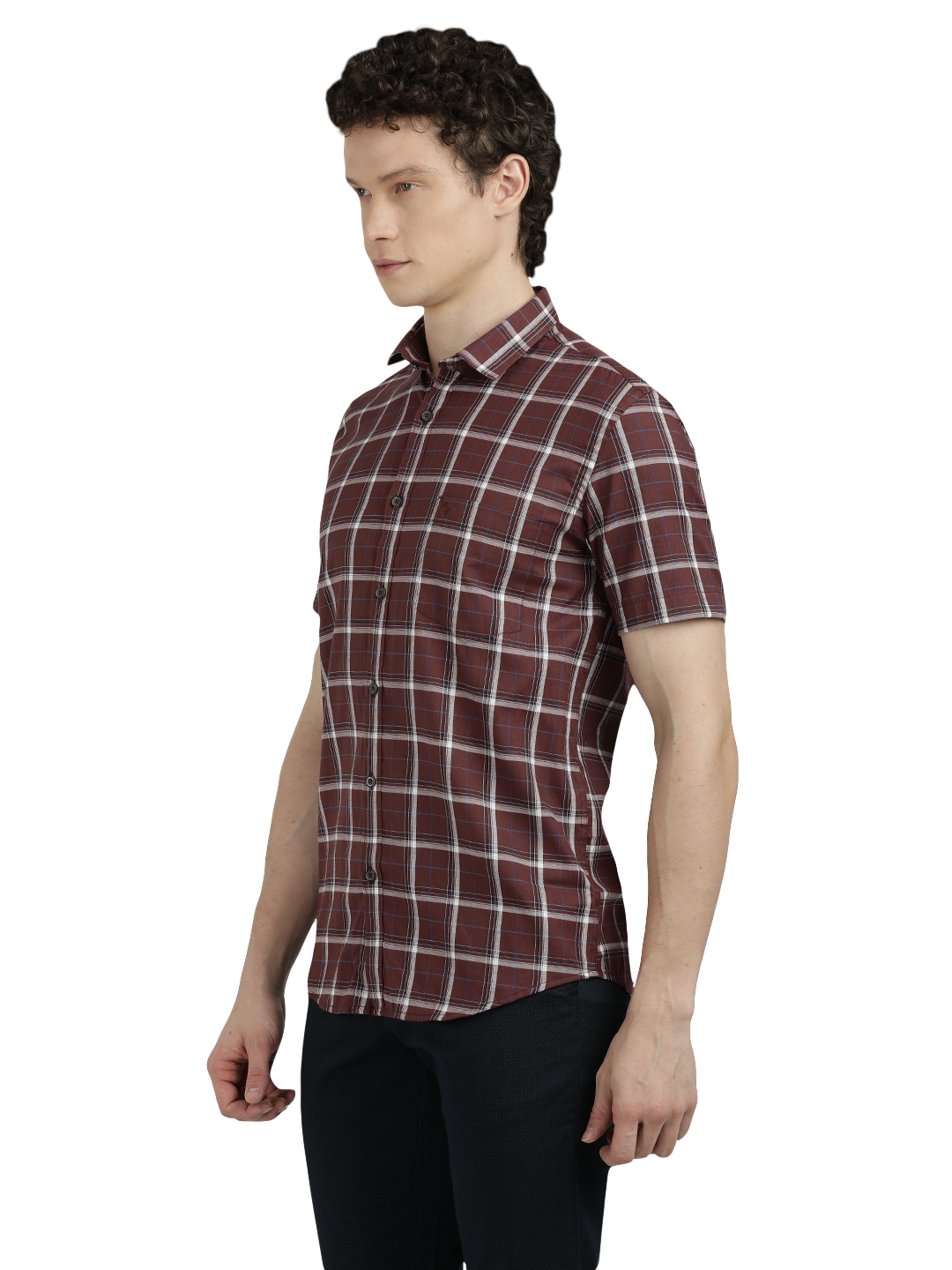 Model wearing Clarke Gable's Maroon With White Checked Semi Casual Shirt in a casual setting