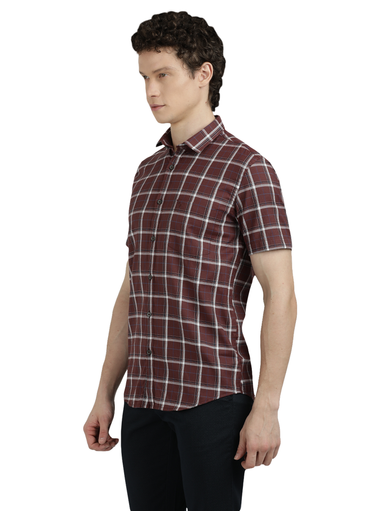 Model wearing Clarke Gable's Maroon With White Checked Semi Casual Shirt in a casual setting