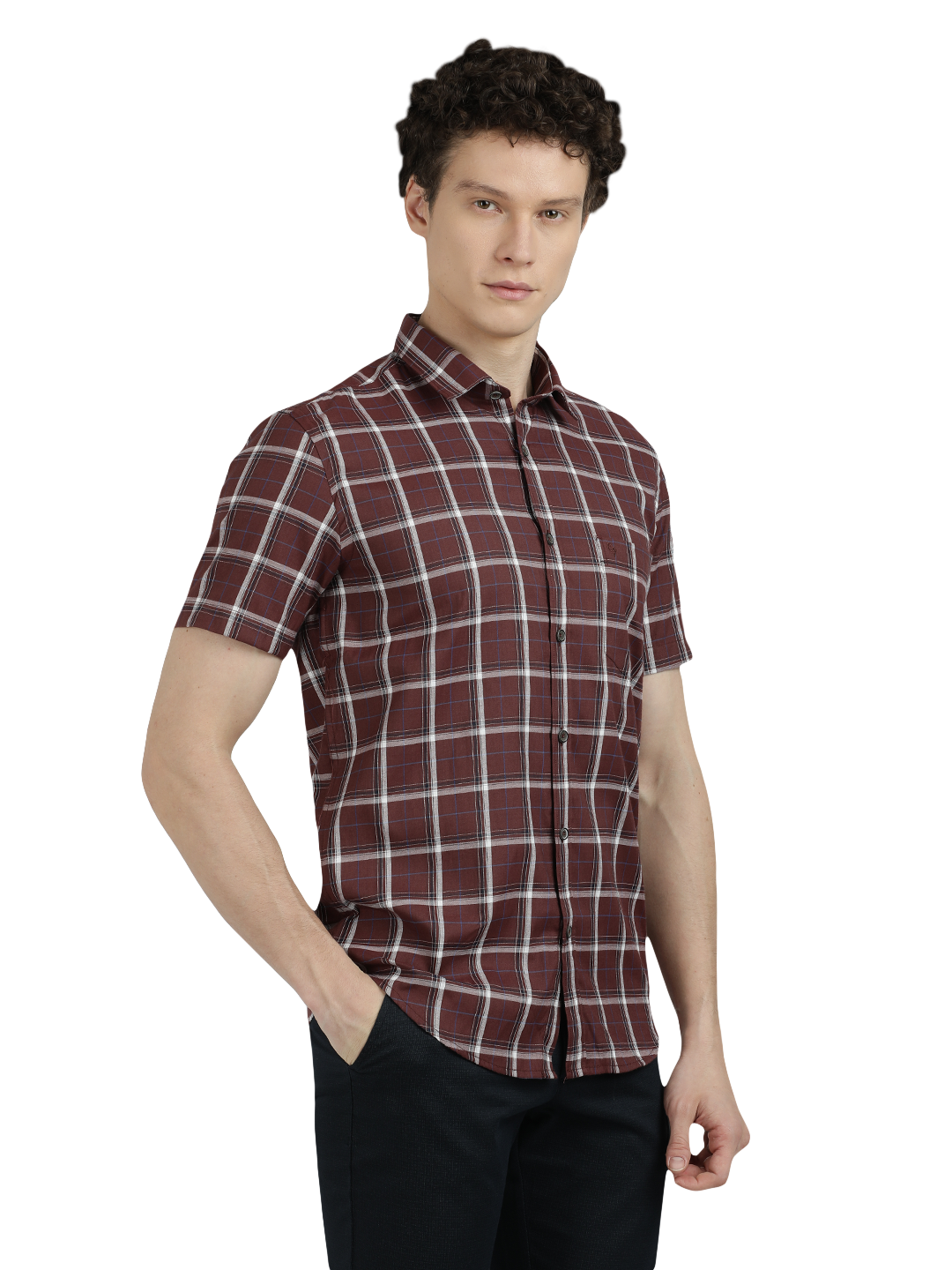 Model wearing Clarke Gable's Maroon With White Checked Semi Casual Shirt in a casual setting