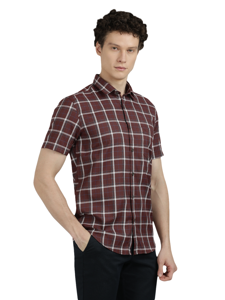 Model wearing Clarke Gable's Maroon With White Checked Semi Casual Shirt in a casual setting