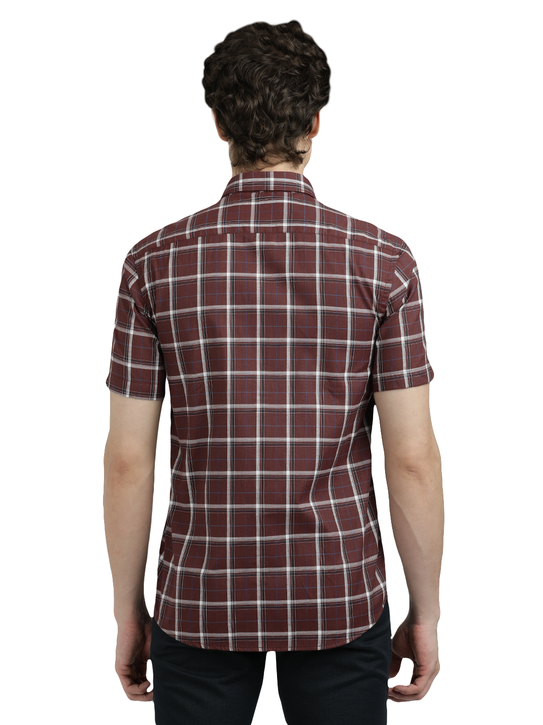 Model wearing Clarke Gable's Maroon With White Checked Semi Casual Shirt in a casual setting