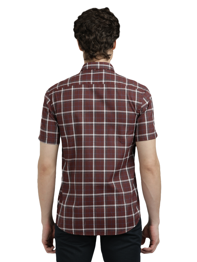 Model wearing Clarke Gable's Maroon With White Checked Semi Casual Shirt in a casual setting