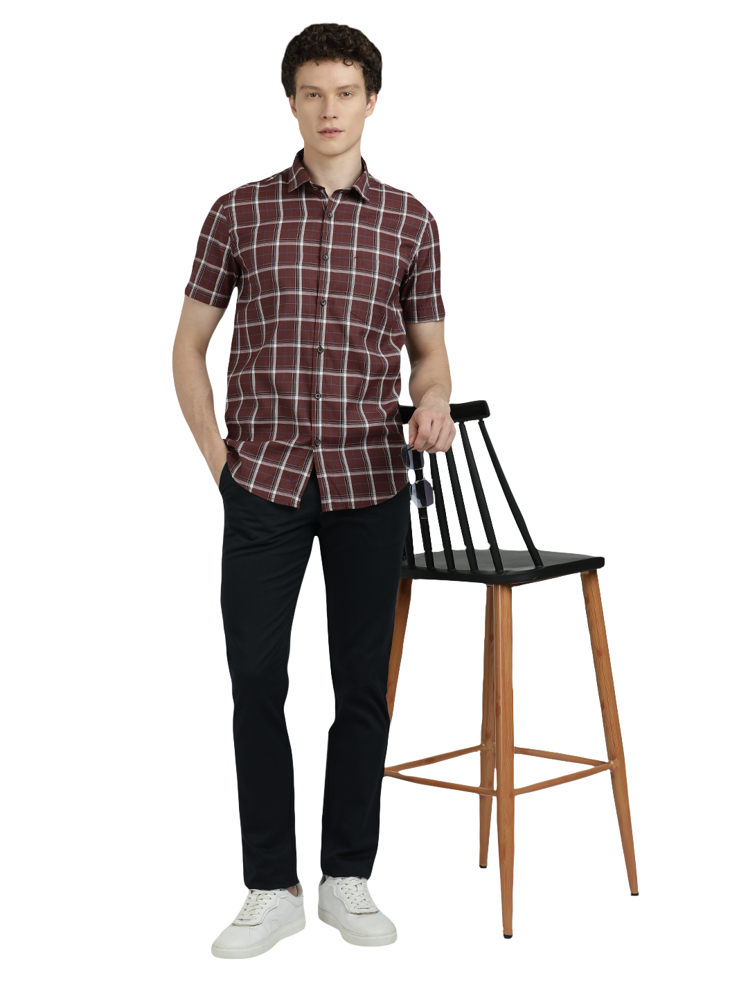 Model wearing Clarke Gable's Maroon With White Checked Semi Casual Shirt in a casual setting