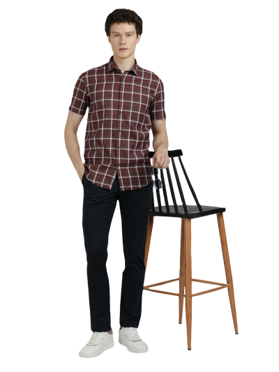 Model wearing Clarke Gable's Maroon With White Checked Semi Casual Shirt in a casual setting