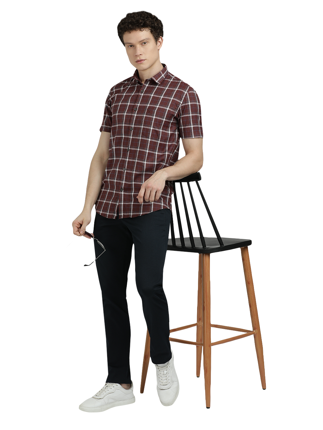 Model wearing Clarke Gable's Maroon With White Checked Semi Casual Shirt in a casual setting