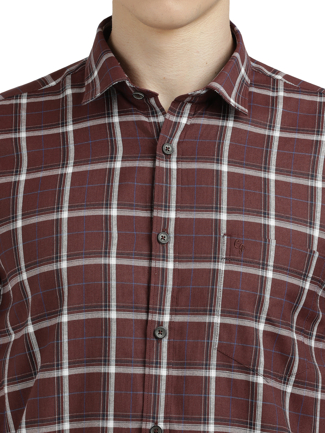 Model wearing Clarke Gable's Maroon With White Checked Semi Casual Shirt in a casual setting