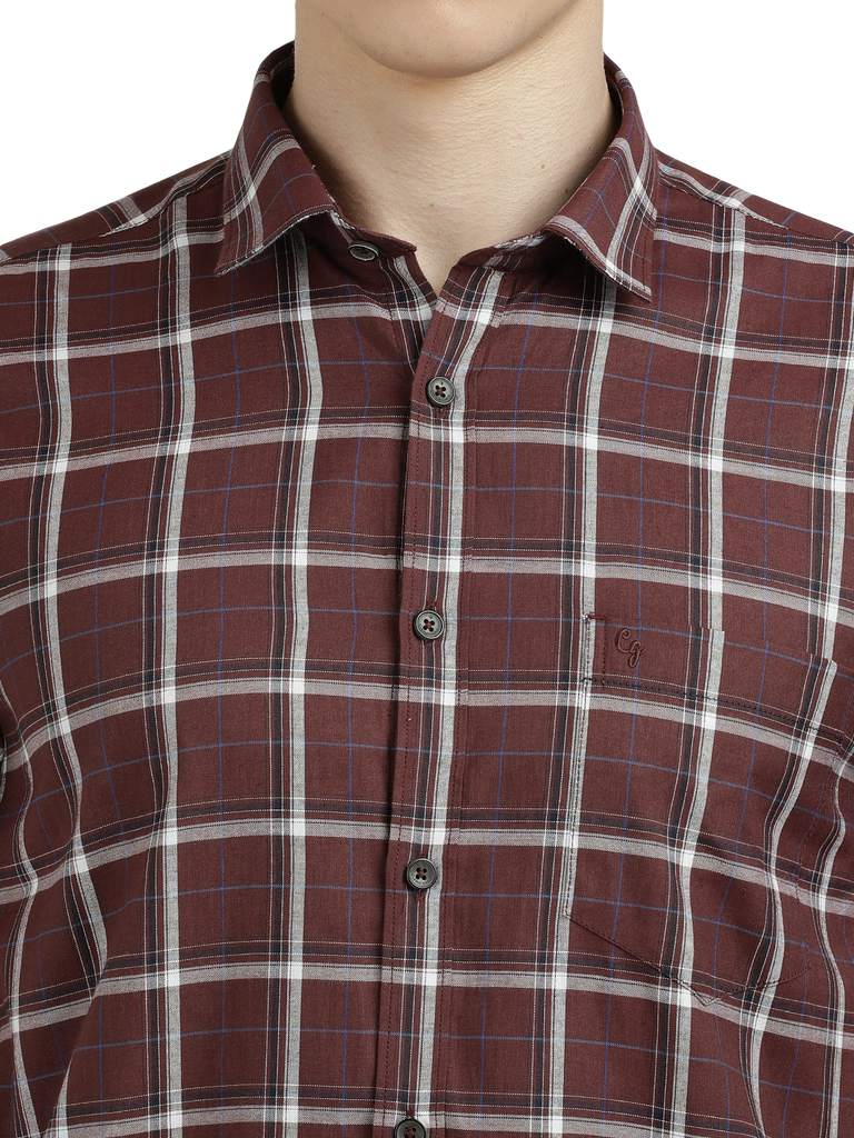 Model wearing Clarke Gable's Maroon With White Checked Semi Casual Shirt in a casual setting