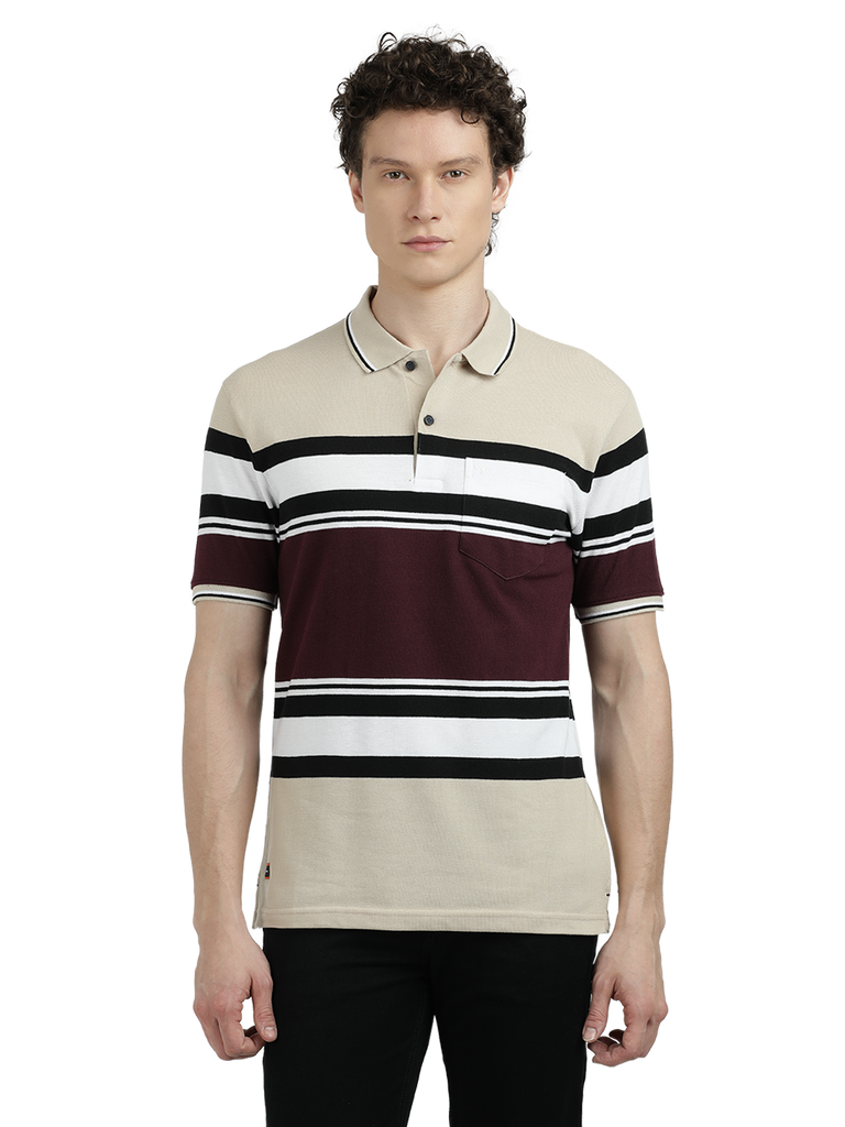 Model wearing Clarke Gable's Maroon With White Striped Polo Collar T-Shirt in a casual setting