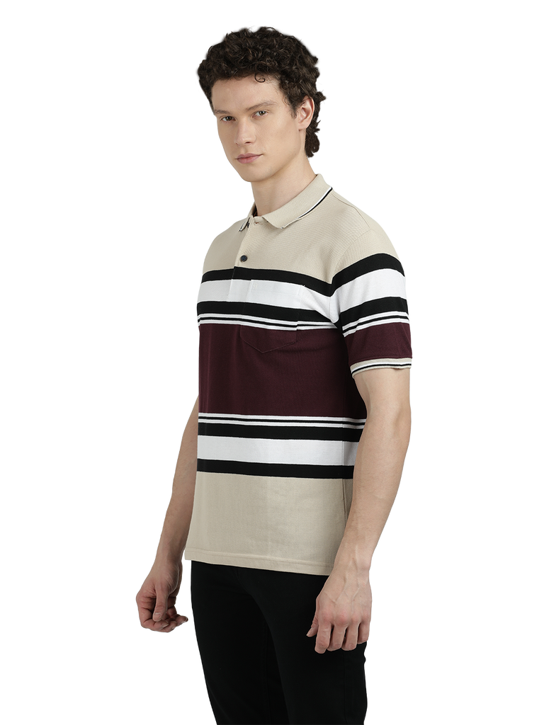 Model wearing Clarke Gable's Maroon With White Striped Polo Collar T-Shirt in a casual setting