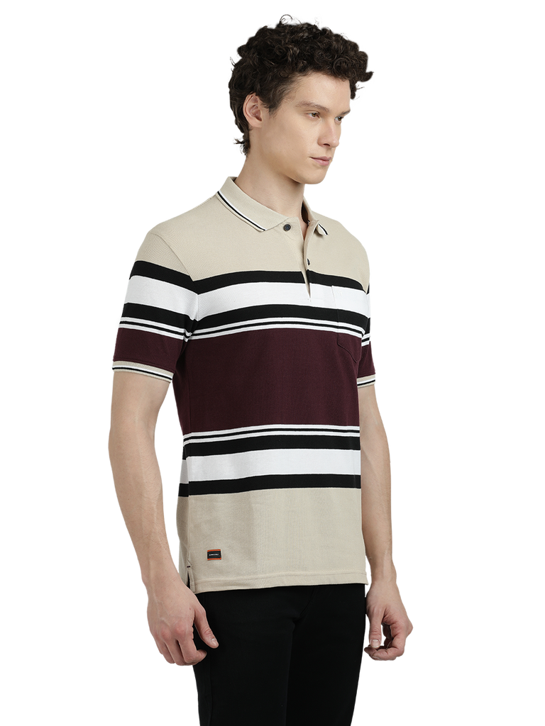 Model wearing Clarke Gable's Maroon With White Striped Polo Collar T-Shirt in a casual setting