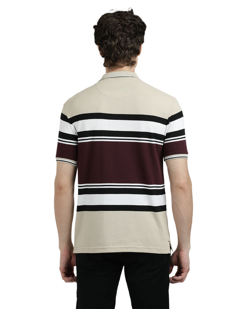 Model wearing Clarke Gable's Maroon With White Striped Polo Collar T-Shirt in a casual setting