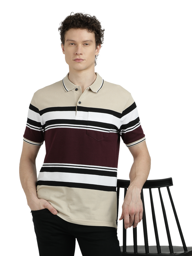 Model wearing Clarke Gable's Maroon With White Striped Polo Collar T-Shirt in a casual setting