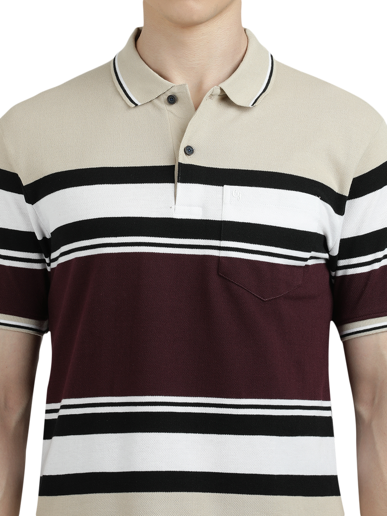 Model wearing Clarke Gable's Maroon With White Striped Polo Collar T-Shirt in a casual setting