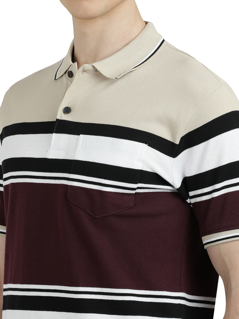 Model wearing Clarke Gable's Maroon With White Striped Polo Collar T-Shirt in a casual setting