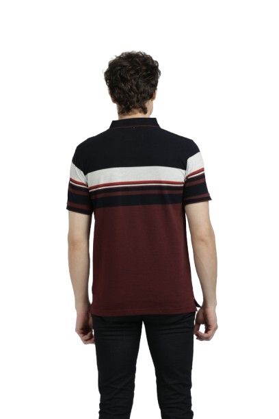 Model wearing Clarke Gable's Maroon with Black Striped Polo Collar T-Shirt in a casual setting