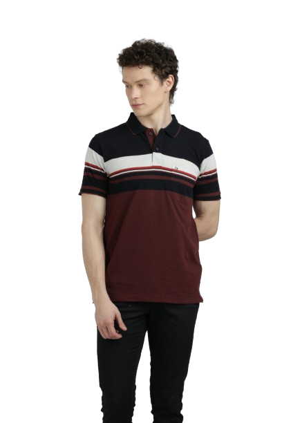 Model wearing Clarke Gable's Maroon with Black Striped Polo Collar T-Shirt in a casual setting