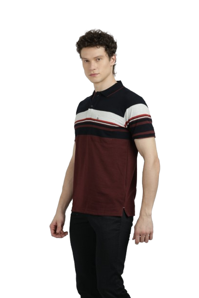 Model wearing Clarke Gable's Maroon with Black Striped Polo Collar T-Shirt in a casual setting