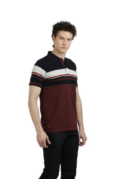 Model wearing Clarke Gable's Maroon with Black Striped Polo Collar T-Shirt in a casual setting