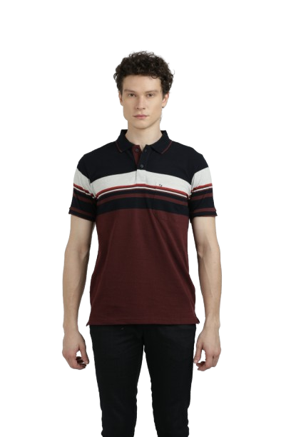 Model wearing Clarke Gable's Maroon with Black Striped Polo Collar T-Shirt in a casual setting