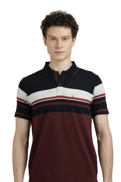 Model wearing Clarke Gable's Maroon with Black Striped Polo Collar T-Shirt in a casual setting