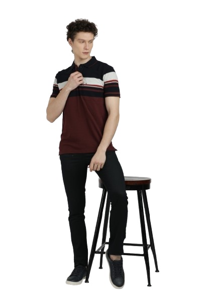 Model wearing Clarke Gable's Maroon with Black Striped Polo Collar T-Shirt in a casual setting