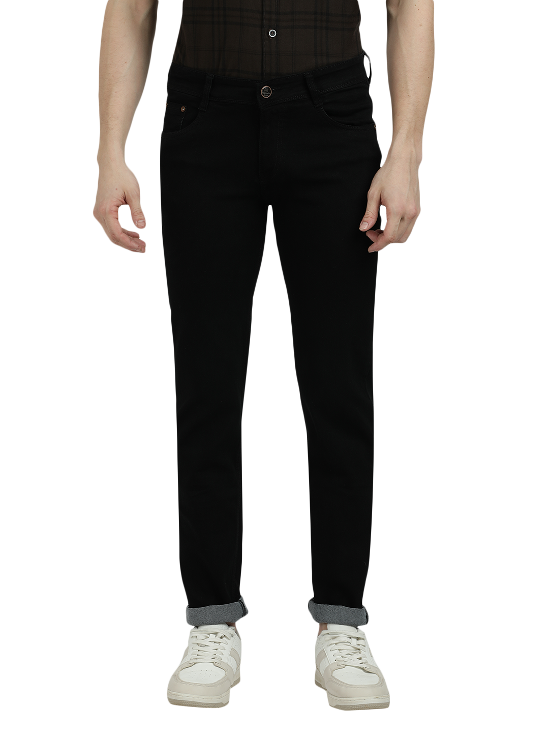 Model wearing Clarke Gable's Black Skinny Fit Jeans in a casual setting