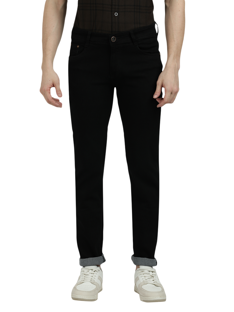 Model wearing Clarke Gable's Black Skinny Fit Jeans in a casual setting