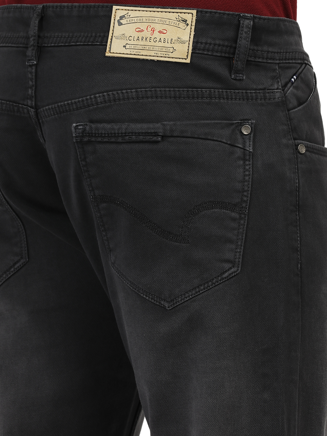 Model wearing Clarke Gable's Marvels Grey Skinny Fit Jeans in a casual setting