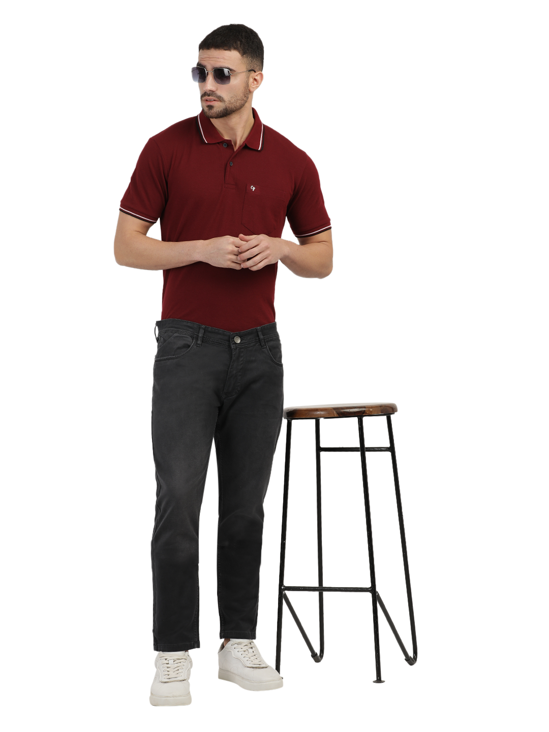 Model wearing Clarke Gable's Marvels Grey Skinny Fit Jeans in a casual setting