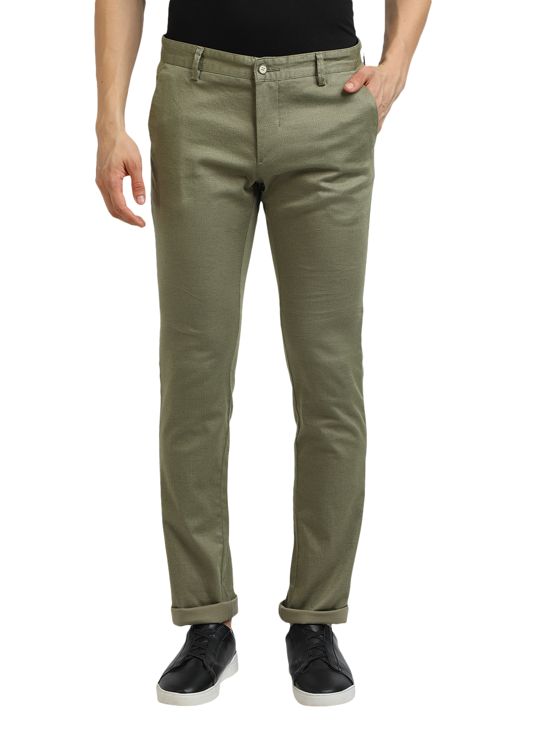 Model wearing Clarke Gable's Mint Trim Fit Trousers in a casual setting