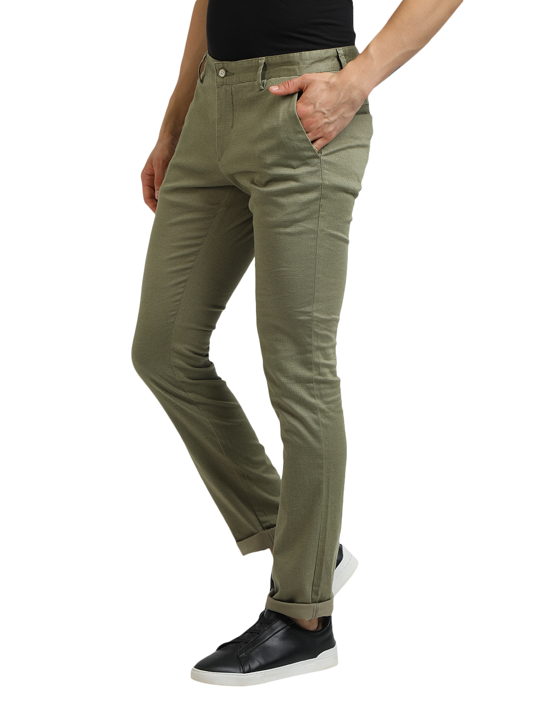 Model wearing Clarke Gable's Mint Trim Fit Trousers in a casual setting