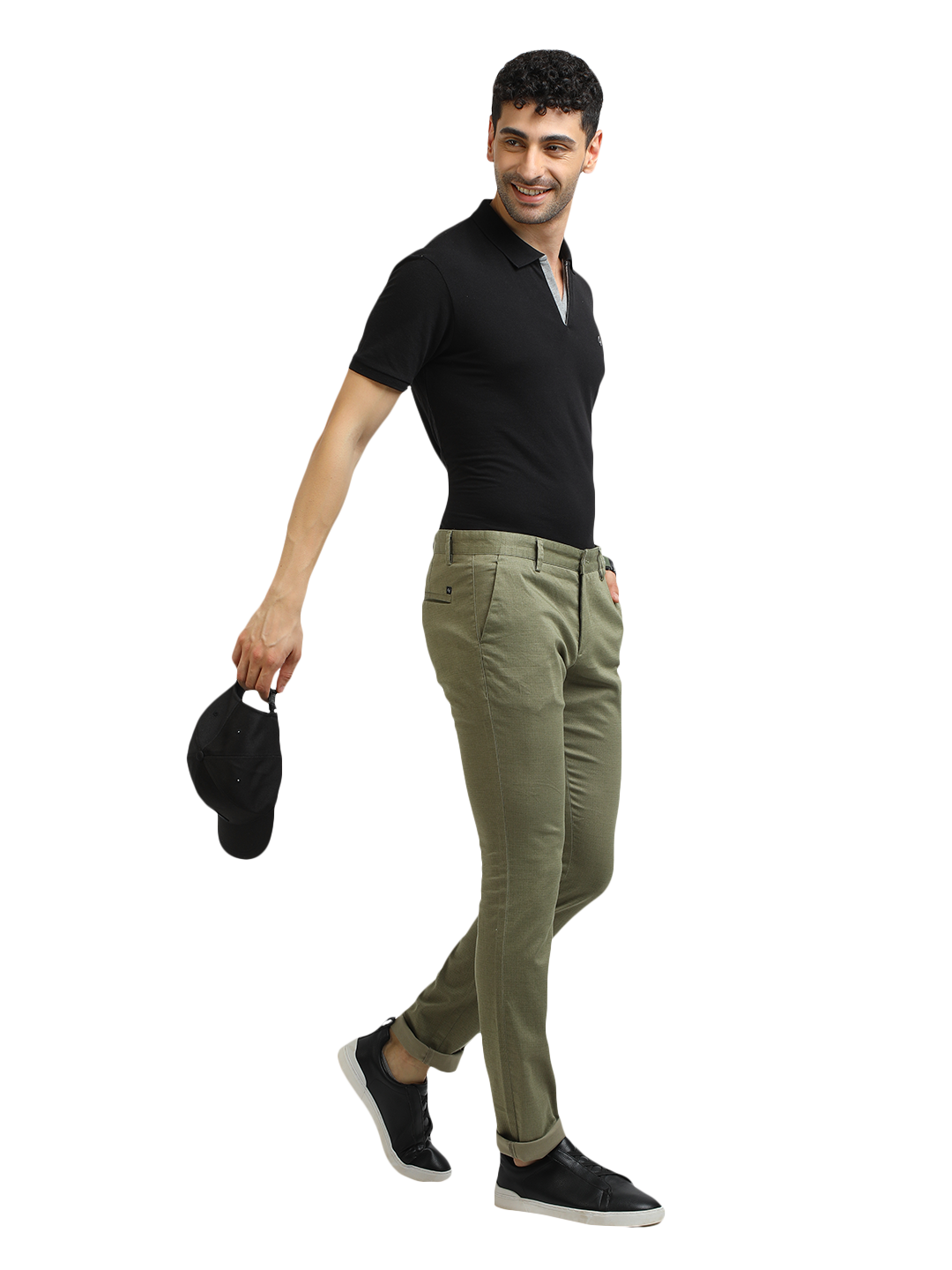 Model wearing Clarke Gable's Mint Trim Fit Trousers in a casual setting
