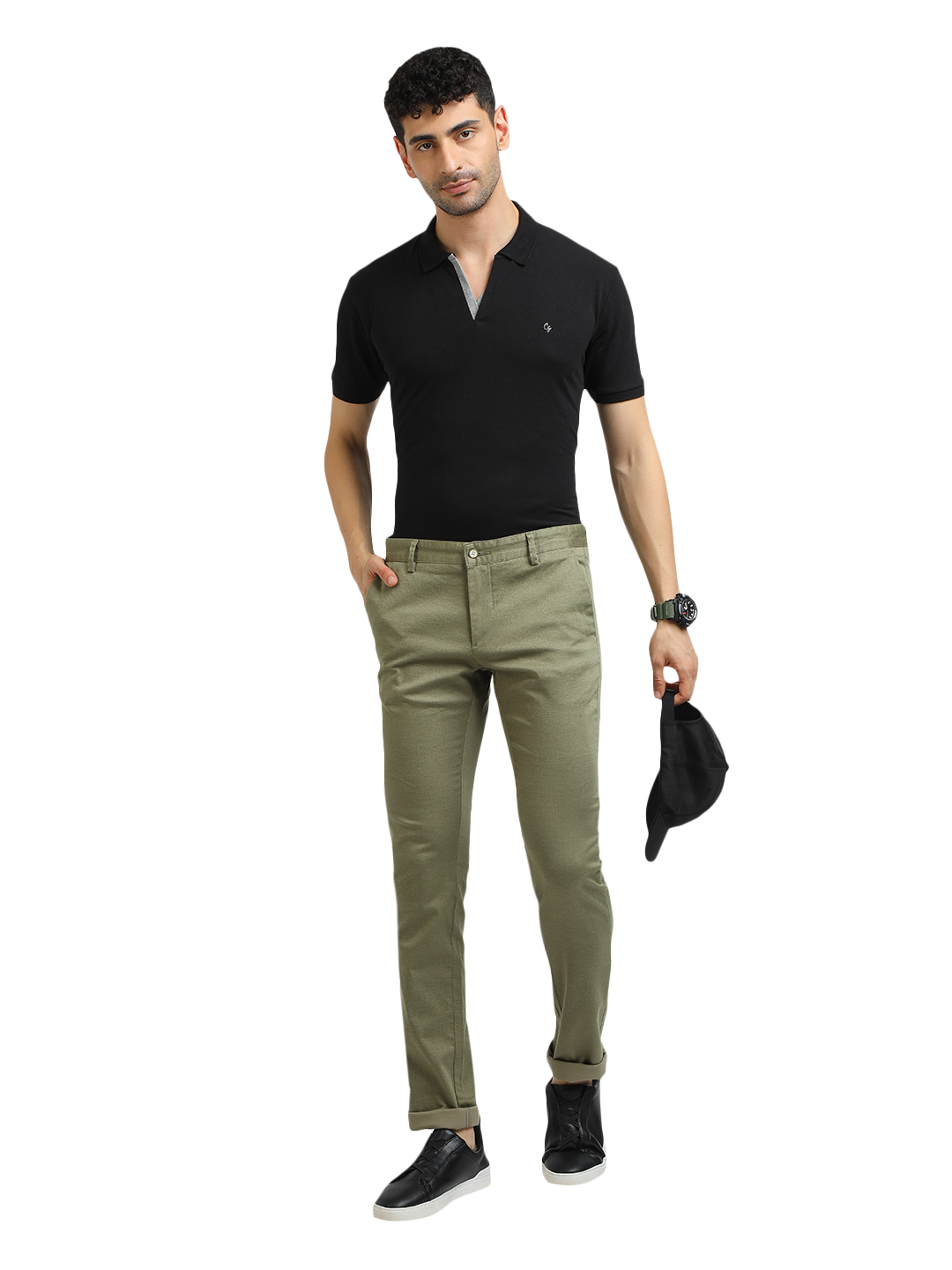 Model wearing Clarke Gable's Mint Trim Fit Trousers in a casual setting