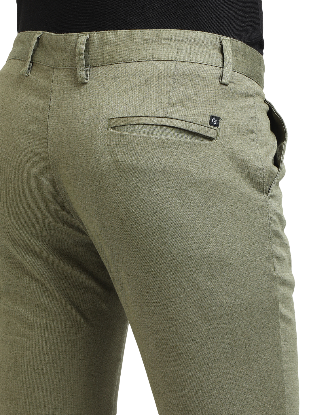 Model wearing Clarke Gable's Mint Trim Fit Trousers in a casual setting