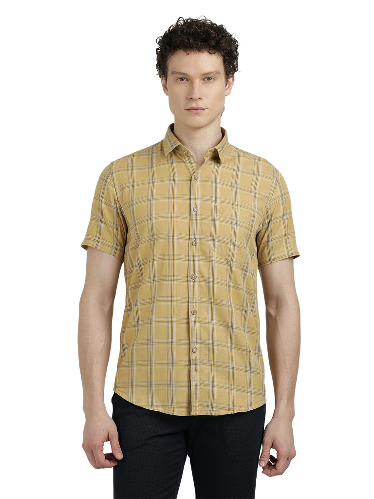 Model wearing Clarke Gable's Mustard Yellow Checked Semi Casual Shirt in a casual setting