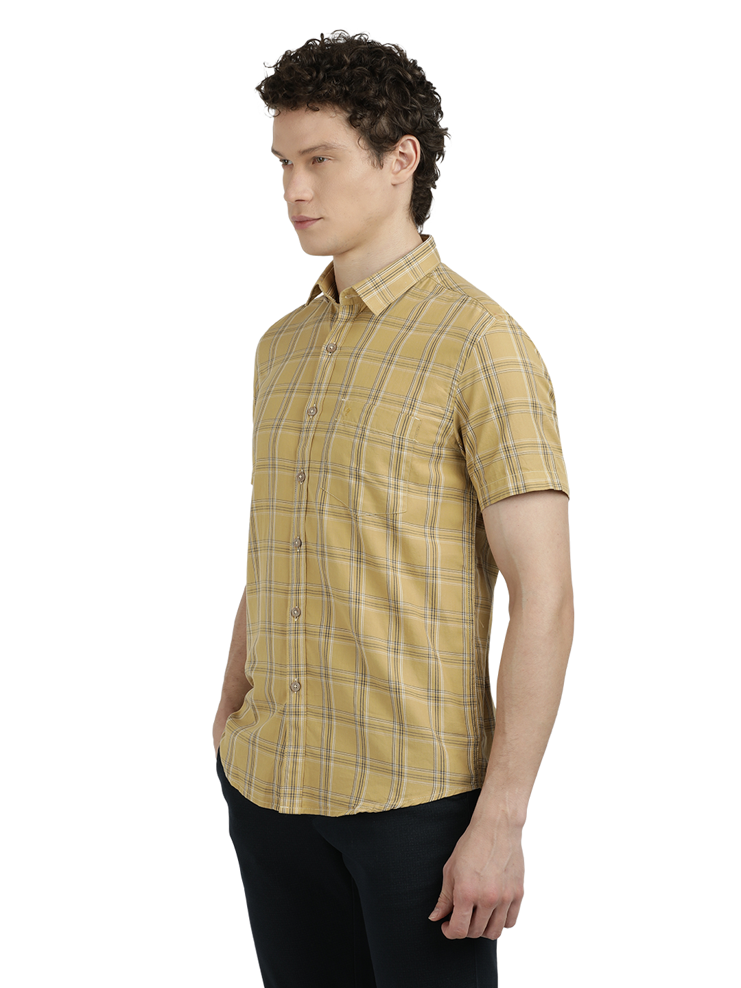 Model wearing Clarke Gable's Mustard Yellow Checked Semi Casual Shirt in a casual setting
