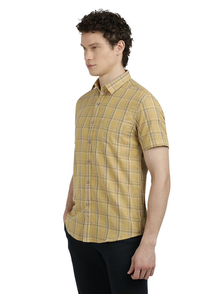 Model wearing Clarke Gable's Mustard Yellow Checked Semi Casual Shirt in a casual setting