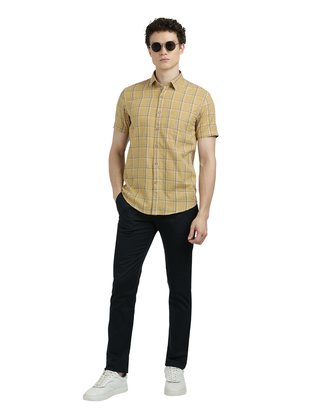 Model wearing Clarke Gable's Mustard Yellow Checked Semi Casual Shirt in a casual setting