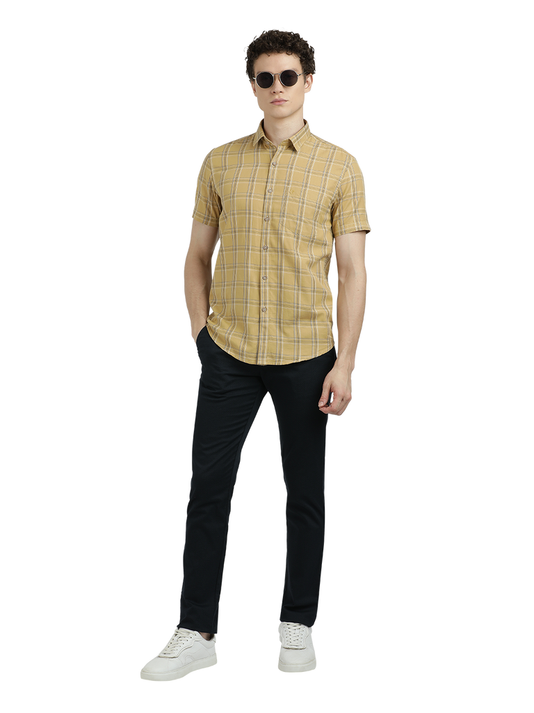 Model wearing Clarke Gable's Mustard Yellow Checked Semi Casual Shirt in a casual setting