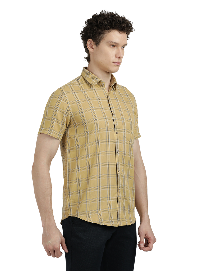 Model wearing Clarke Gable's Mustard Yellow Checked Semi Casual Shirt in a casual setting