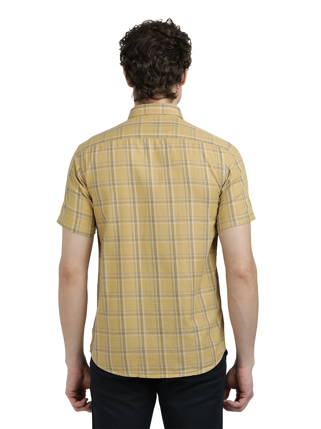 Model wearing Clarke Gable's Mustard Yellow Checked Semi Casual Shirt in a casual setting