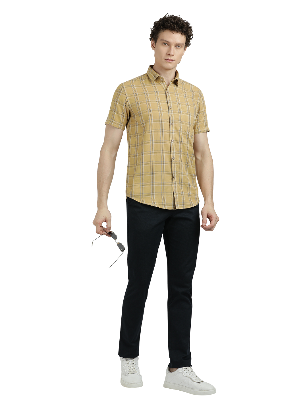 Model wearing Clarke Gable's Mustard Yellow Checked Semi Casual Shirt in a casual setting