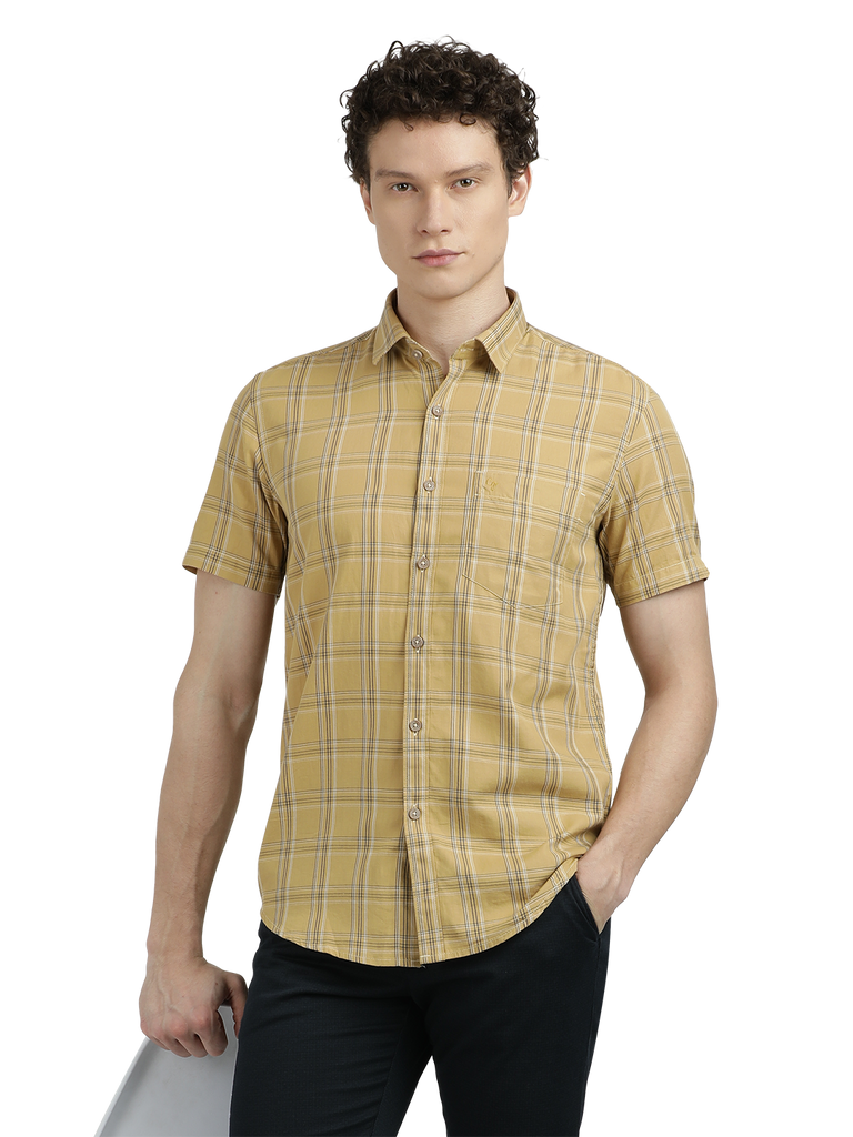 Model wearing Clarke Gable's Mustard Yellow Checked Semi Casual Shirt in a casual setting