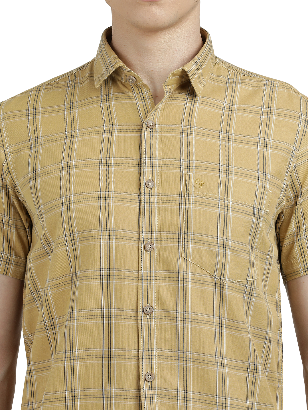 Model wearing Clarke Gable's Mustard Yellow Checked Semi Casual Shirt in a casual setting