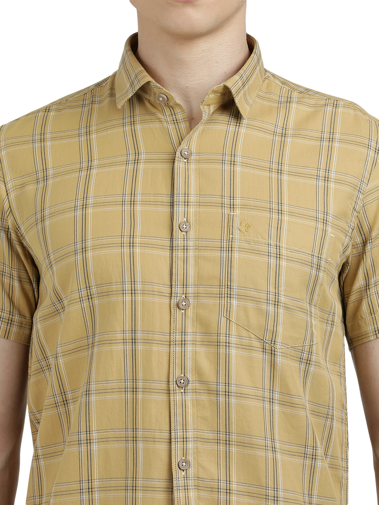 Model wearing Clarke Gable's Mustard Yellow Checked Semi Casual Shirt in a casual setting