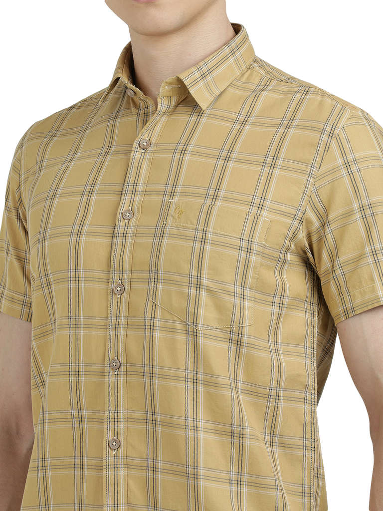 Model wearing Clarke Gable's Mustard Yellow Checked Semi Casual Shirt in a casual setting