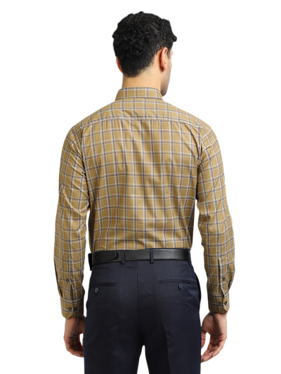 Model wearing Clarke Gable's Mustard Yellow With Blue Checked Formal Shirt in a casual setting