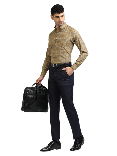 Model wearing Clarke Gable's Mustard Yellow With Blue Checked Formal Shirt in a casual setting