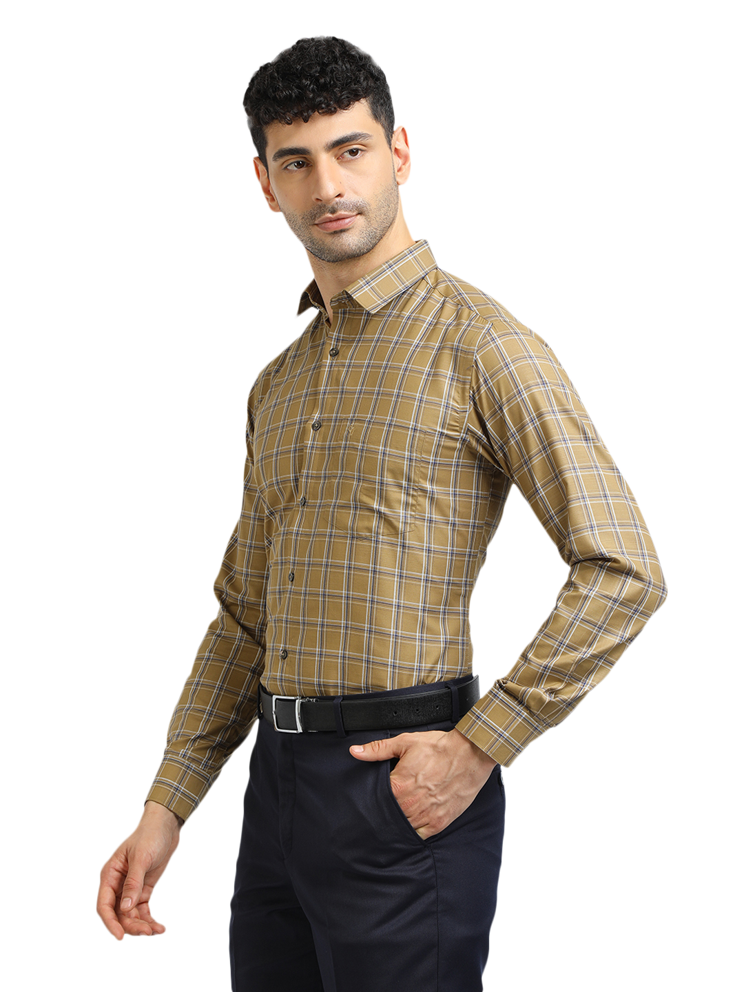 Model wearing Clarke Gable's Mustard Yellow With Blue Checked Formal Shirt in a casual setting
